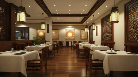 An elegantly decorated South Asian restaurant with empty tables, providing space for text or promotional contentの素材