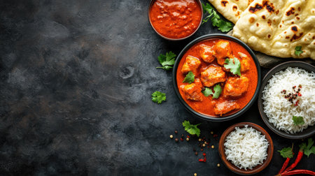 A traditional Indian feast with butter chicken, rice, and naan, shown from above with ample space for copyの素材