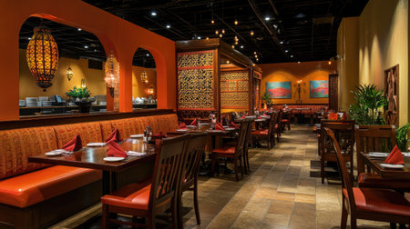 An inviting South Asian restaurant with beautifully set tables, offering ample space for copy or designの素材