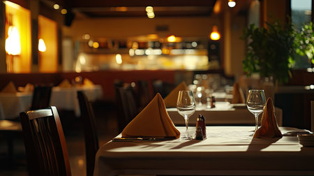 A well-lit South Asian restaurant dining room with no people, leaving space for branding or promotional contentの素材