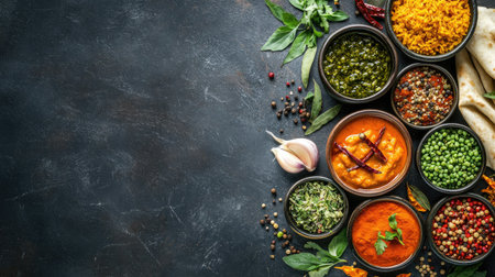 An inviting top view of a variety of Indian vegetarian dishes with spices and herbs, offering copy space aroundの素材