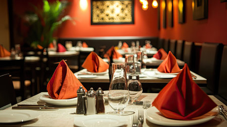 An upscale South Asian restaurant with neatly set tables, photographed with space for text or promotional contentの素材