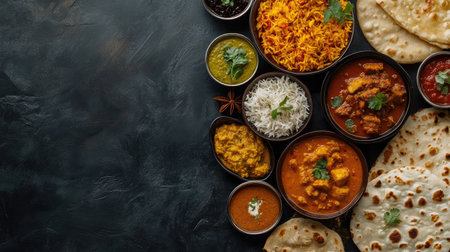 A vibrant Indian food spread with curries, biryani, and naan, leaving plenty of space for text or designの素材