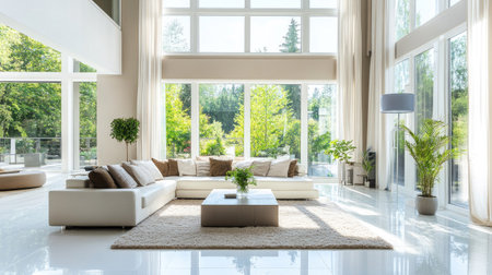 Bright and airy living room with large windows, modern decor, and copy space aroundの素材