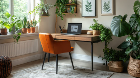 A well-decorated home office with a modern desk, laptop, and decorative plants, offering copy spaceの素材