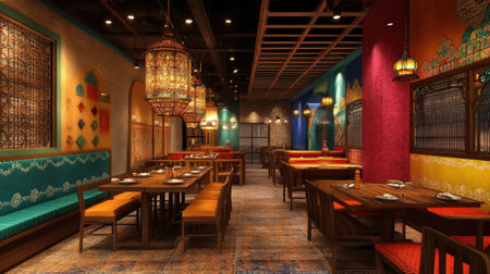 A vibrant South Asian restaurant with colorful decor and ample space for copy or branding elementsの素材