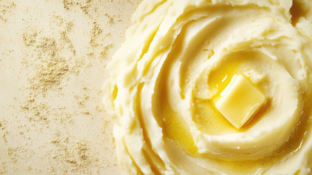Creamy mashed potatoes with a butter swirl on top, photographed from above with surrounding empty space for textの素材