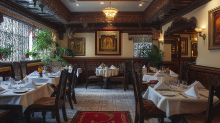 An inviting South Asian restaurant with beautifully set tables, offering ample space for copy or designの素材