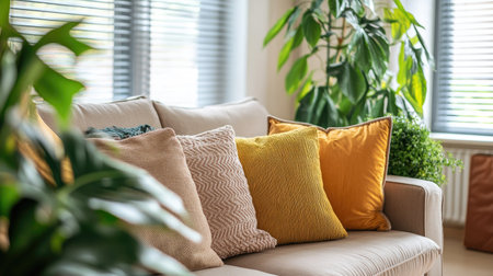A well-organized living space with a sofa, plants, and decorative pillows, leaving room for copy or textの素材