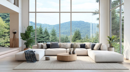 Bright and airy living room with large windows, modern decor, and copy space aroundの素材