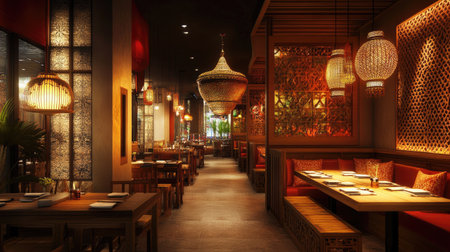 An inviting South Asian restaurant interior with warm lighting and space for copy or branding elementsの素材