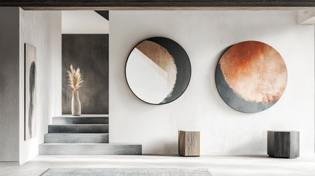 Contemporary home decor with decorative mirrors and artwork on the walls, with space for text or brandingの素材
