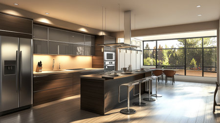 Contemporary kitchen with sleek appliances, a breakfast bar, and space for copy or designの素材