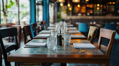 Empty dining tables in a chic South Asian restaurant, with plenty of space for text or promotional contentの素材