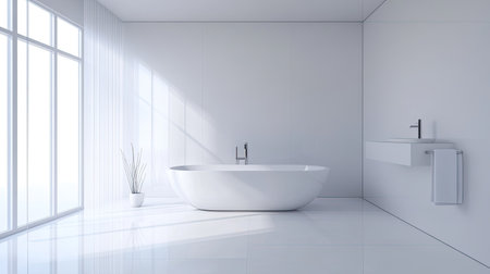 Minimalist bathroom interior with sleek fixtures and clean lines, providing ample space for text or designの素材