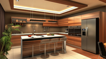 Contemporary kitchen with sleek appliances, a breakfast bar, and space for copy or designの素材