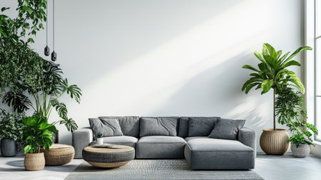 Contemporary living room with decorative accents, plants, and a sofa, providing space for copy or textの素材