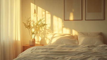 Minimalist bedroom interior with a comfortable bed, soft lighting, and space for copy or brandingの素材