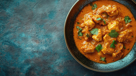 Rich and flavorful Indian masala butter curry on a textured plate, with plenty of space for copy or promotional textの素材