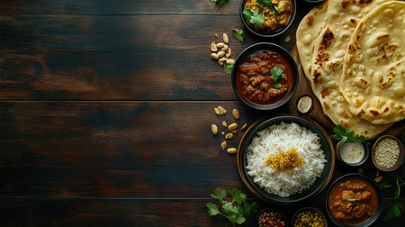 An appetizing top view of an Indian food spread featuring curry, rice, and naan with open space for text or brandingの素材