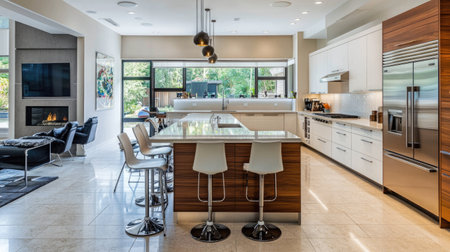 Contemporary kitchen with sleek appliances, a breakfast bar, and space for copy or designの素材