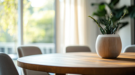 Elegant dining area with a wooden table, modern decor, and space for text or brandingの素材