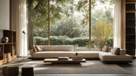 Minimalist living room with decorative accents and a large window, leaving space for text or brandingの素材