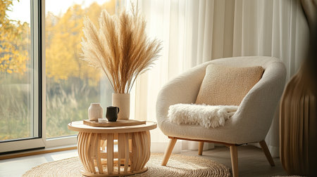 Cozy corner of a living room with a stylish armchair, coffee table, and decorative elements, with space for copyの素材