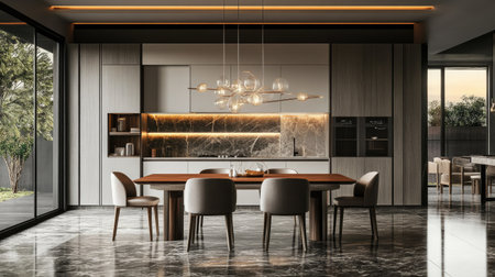 Elegant dining room with a modern chandelier, a wooden table, and space for copy or designの素材