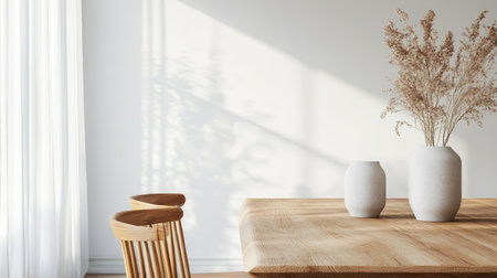 Elegant dining area with a wooden table, modern decor, and space for text or brandingの素材