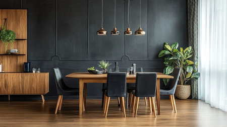 Elegant dining room with a wooden table, modern chairs, and decorative elements, with space for copyの素材