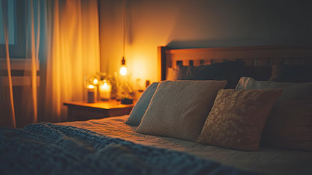 Cozy bedroom with decorative pillows, soft lighting, and plenty of space for copy or brandingの素材