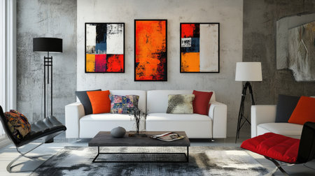 Contemporary home decor with decorative mirrors and artwork on the walls, with space for text or brandingの素材