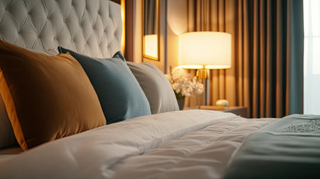Stylish bedroom interior with decorative pillows, soft lighting, and ample space for copy or brandingの素材
