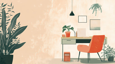 Cozy home office corner with a desk, plants, and decorative elements, offering space for text or design elementsの素材