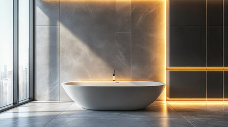 Modern bathroom interior with clean lines, a bathtub, and ample space for text or brandingの素材