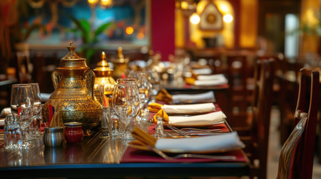Empty dining tables with traditional settings in a South Asian restaurant, with ample space for copyの素材