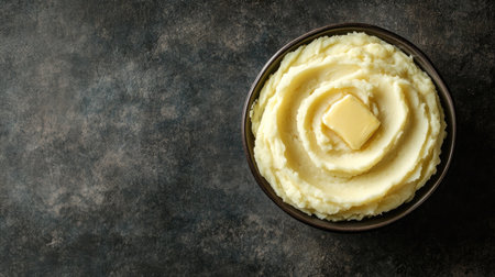 Creamy mashed potatoes with a butter swirl on top, photographed from above with surrounding empty space for textの素材