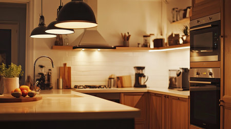 Elegant kitchen interior with modern appliances, a breakfast bar, and space for copy or brandingの素材
