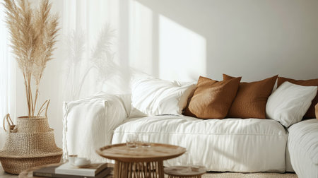 Stylish living room with a modern sofa, coffee table, and space for copy or text aroundの素材