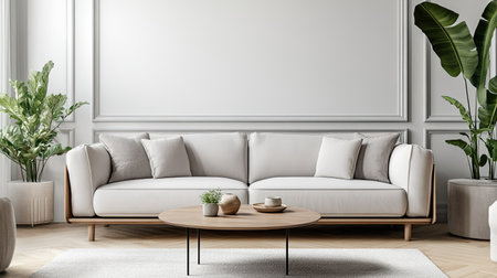Stylish living room with a modern sofa, coffee table, and space for copy or text aroundの素材