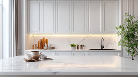 Elegant kitchen interior with white cabinets and a marble countertop, offering plenty of space for text or brandingの素材