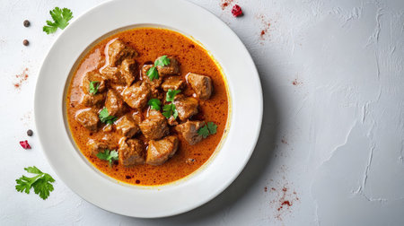 Spicy Indian masala butter curry served on a white plate, with garnishing and copy space around for text or brandingの素材