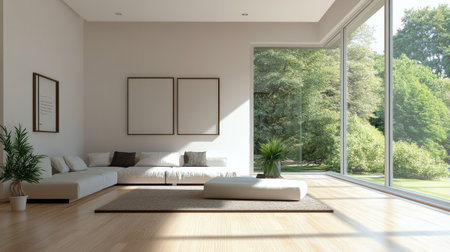 Minimalist living room with decorative accents and a large window, leaving space for text or brandingの素材