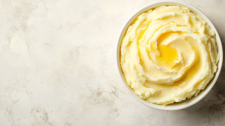 Creamy mashed potatoes with a butter swirl on top, photographed from above with surrounding empty space for textの素材
