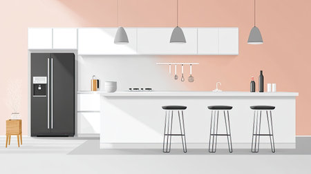 Minimalist kitchen interior with a breakfast bar and modern appliances, offering space for text or brandingの素材