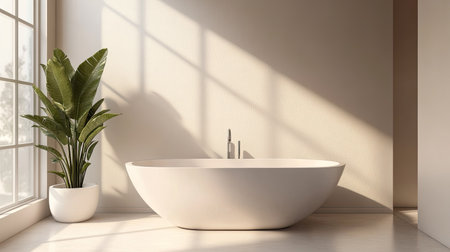 Modern bathroom interior with clean lines, a bathtub, and ample space for text or brandingの素材