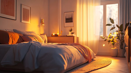 Elegant bedroom interior with soft lighting, stylish decor, and space for copy or brandingの素材