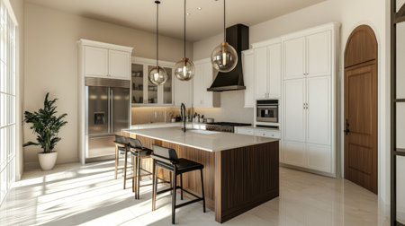 Elegant kitchen interior with modern appliances, a breakfast bar, and space for copy or brandingの素材