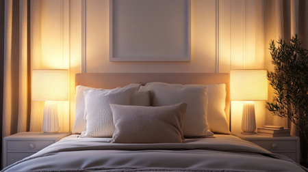 Stylish bedroom interior with decorative pillows, soft lighting, and ample space for copy or brandingの素材